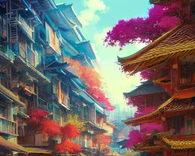 Prompt: great, colorful kitsune city, bamboo, flowers, anime, a fantasy digital painting by Greg Rutkowski and James Gurney, trending on Artstation, highly detailed