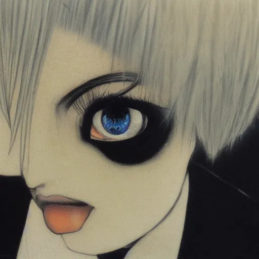 Image similar to Yoshitaka Amano realistic illustration of an anime girl with short white hair and black eyes wearing tuxedo, abstract black and white background, film grain effect, highly detailed, Renaissance oil painting