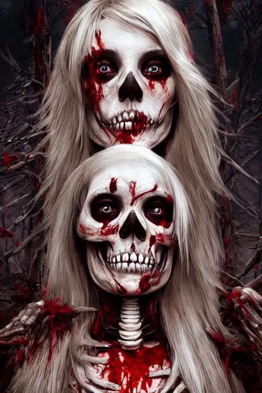 Image similar to skeleton black bones!!, covered with blood, jessica nigri face!!, long red hair, ultra realistic, concept art, intricate details, highly detailed, photorealistic, octane render, 8 k, unreal engine. retro film still, heavy grain, 3 5 mm, art by artgerm and greg rutkowski and alphonse mucha