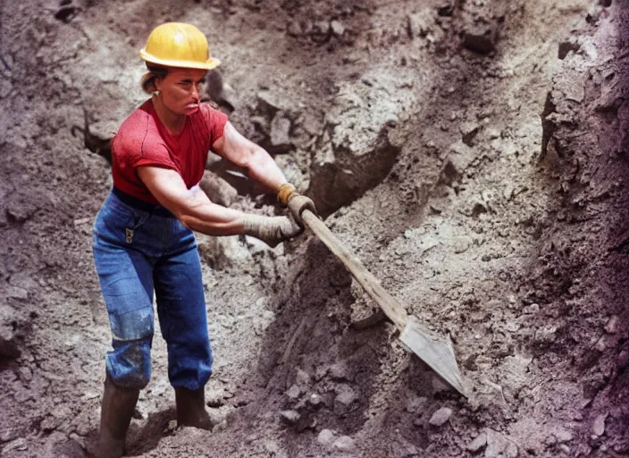 Prompt: 90's professional color photograph, A very muscular miner woman wielding a pickaxe in the mine.