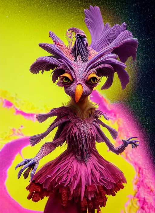 Image similar to hyper detailed 3d render like a Oil painting - kawaii portrait of two Aurora (a beautiful skeksis muppet fae princess protective playful expressive from dark crystal that looks like Anya Taylor-Joy) seen red carpet photoshoot in UVIVF posing in scaly dress to Eat of the Strangling network of yellowcake aerochrome and milky Fruit and His delicate Hands hold of gossamer polyp blossoms bring iridescent fungal flowers whose spores black the foolish stars by Jacek Yerka, Ilya Kuvshinov, Mariusz Lewandowski, Houdini algorithmic generative render, golen ratio, Abstract brush strokes, Masterpiece, Edward Hopper and James Gilleard, Zdzislaw Beksinski, Mark Ryden, Wolfgang Lettl, hints of Yayoi Kasuma and Dr. Seuss, octane render, 8k