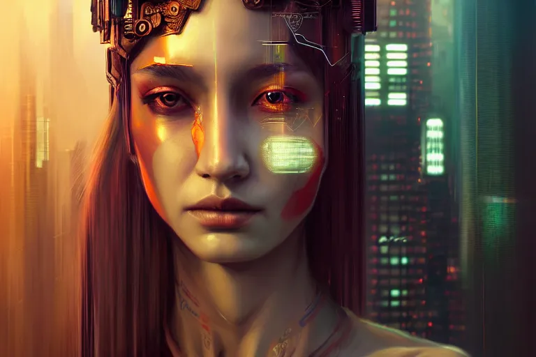 Image similar to surreal Portrait of goddes of war in cyberpunk city, elegant, highly detailed, smooth, sharp focus, illustration, beautiful, geometric, dmt trending on artstation, cinematic, artwork by WLOP