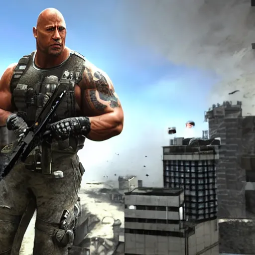 Image similar to dwayne the rock johnson, dwayne the rock johnson in the call of duty map highrise, modern warfare 2 highrise, screenshot