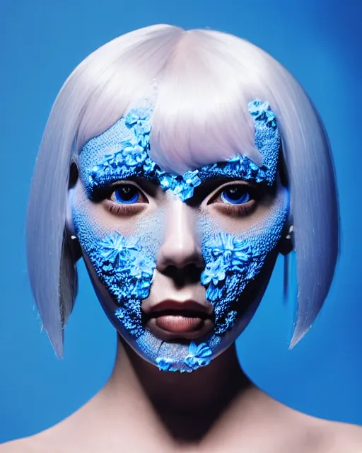 Image similar to symmetrical close - up portrait of a woman wearing a translucent silicone beauty mask and blue hair, wearing a black bodysuit by alexander mcqueen, standing in a room full of plastic translucent flowers, black background, soft diffused light, biotechnology, humanoide robot, bjork aesthetic, translucent, intricate details, highly detailed, masterpiece,