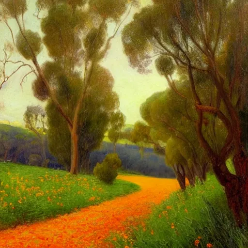 Image similar to a painting of a dirt road surrounded by eucalyptus trees and california golden poppies, woodland hill in the distance. an oil painting by Julian Onderdonk, green orange violet triadic color palette, featured on deviantart, australian tonalism, pre-raphaelite, impressionism, detailed painting