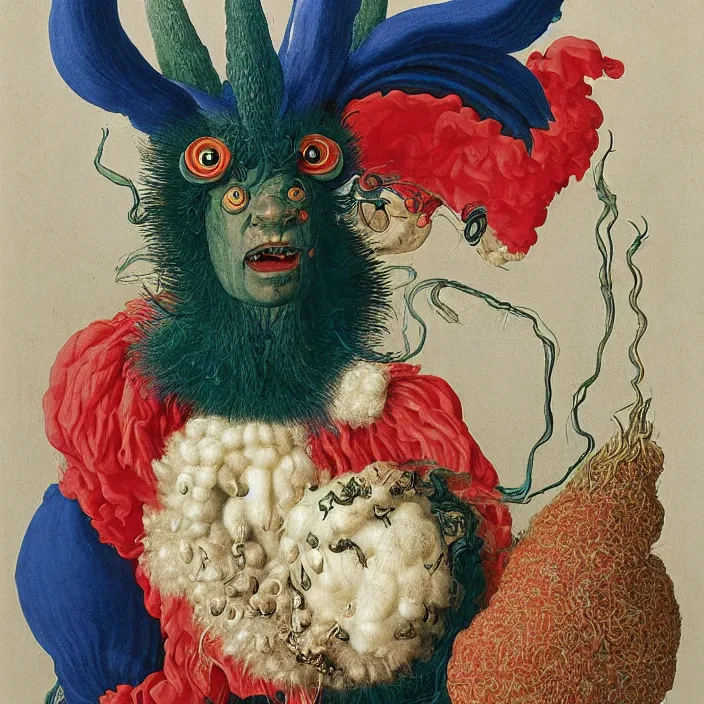 Prompt: close up portrait of a mutant monster creature with white fluffy moth pouf, exotic lily ears, psychedelic dark blue coral protuberances, cuttlefish pulsing malachite tendrils. by jan van eyck, walton ford