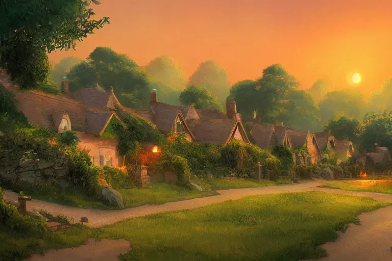 Image similar to sunset over the cottages in the shire, ghibli, artstation, award wining, rutkowski, shinkai