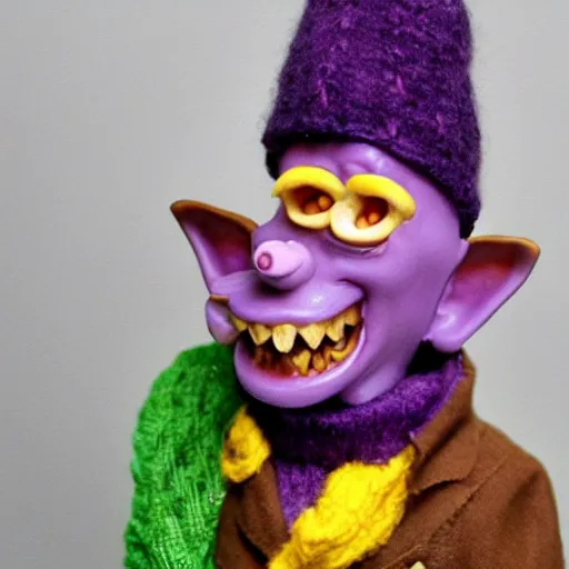 Image similar to bald purple goblin with yellow eyes, wearing a hat and a scarf, smoking a cigar, smiling, earrings, rotten teeth