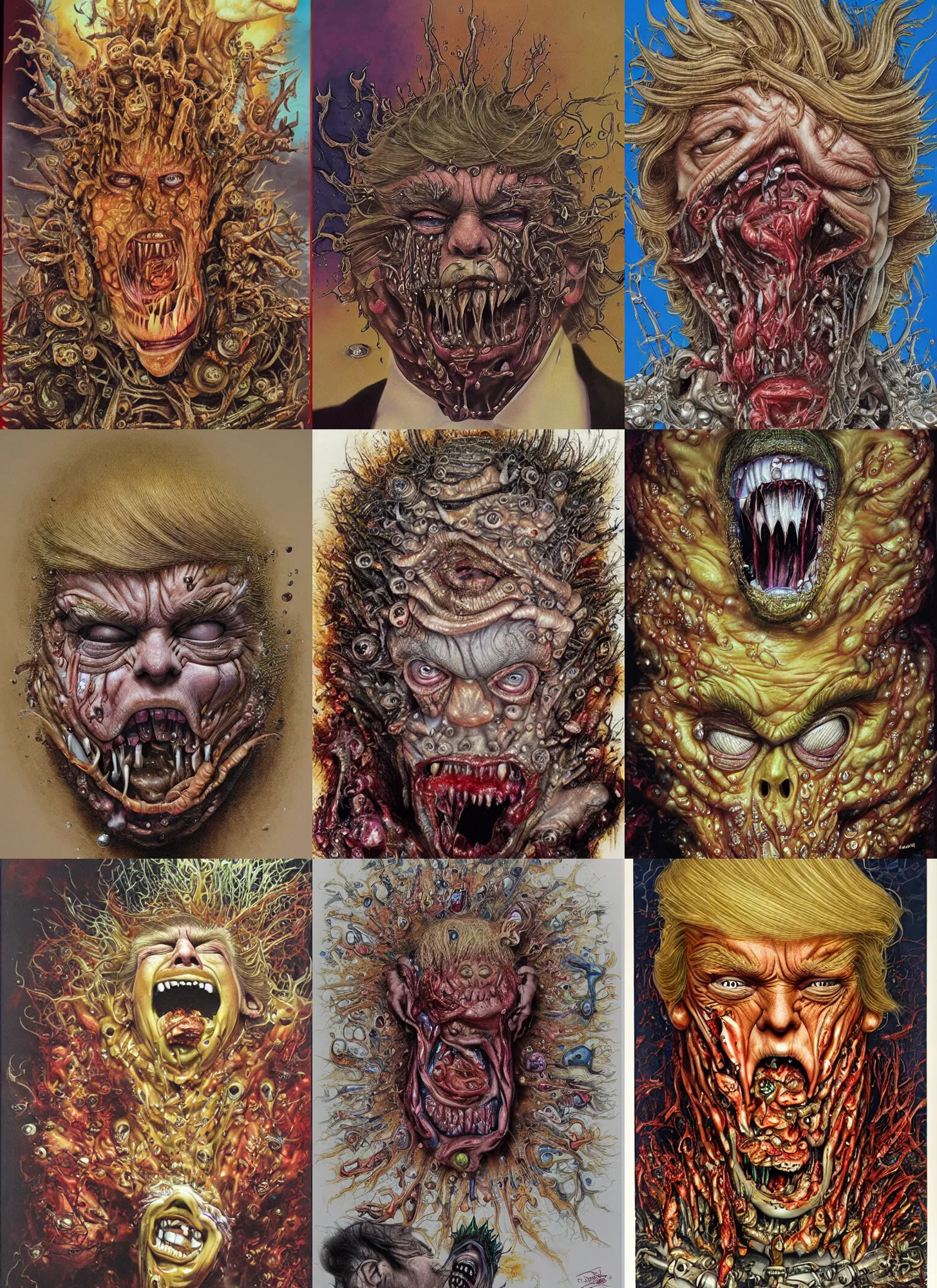 Prompt: donald trump's disgusting true form bursting from within, gross, slimy, sleazy, pustules, high details, intricate details, by drew struzan