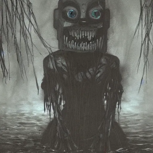 Image similar to creepy ruined abandoned fnaf character, fnaf animatronic rising from the lagoon at night, creepypasta, greg rutkowski, creepy dark beksinski painting, vhs footage, distorted, scary, creepy, haunted photo, really dark, slender, creature of the dark worlds, unsettling image, scp 0 9 6