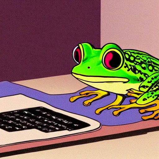 Prompt: peepo the frog lying on his bed with a laptop, crying as his heart breaks after reading an announcement on discord, sad lo-fi vibes, dramatic