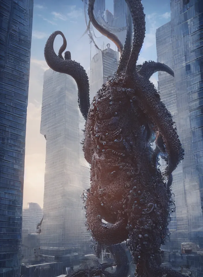 Prompt: A very giant Kraken-like multi-eyed monster jumped up with its jaws on a high-rise office building and wrapped his tentacles all around him. High detail, front view, photorealism, concept art, octane render, zoom, architecture, sunset, raytracing, 8k