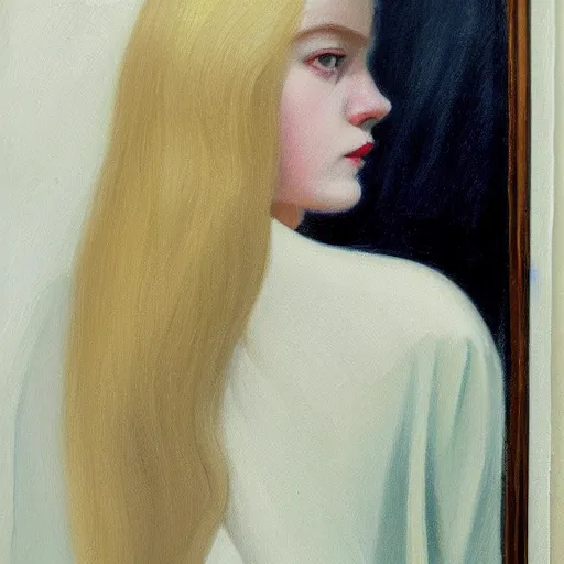 Prompt: Painting of Elle Fanning looking in a haunted mirror, long blonde hair, delicate, pale milky white porcelain skin, by Edward Hopper. 8K. Extremely detailed.