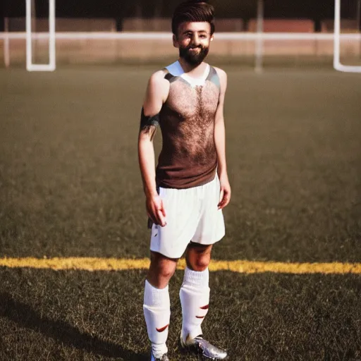 Image similar to realistic photoshoot for a new soccer player, bearded, short hair, brown eyes, maniacal smile, color film photography, portrait of a beautiful person, in style of Campbell Addy, 35mm