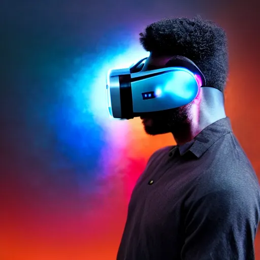 Image similar to dark skinned man wearing futuristic vr headset neon lights ambient light unity game ultra - realistic