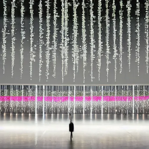 Prompt: I'll bring you flowers in the pouring rain, multimedia installation, ethereal, by Ryoji Ikeda, Teiji Furuhashi