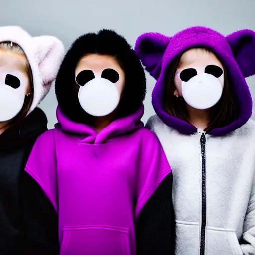 Prompt: two girls, a girl with short white hair and polar bear ears wearing an open black coat, another girl with long black hair wearinga purple hoodie with red eyes