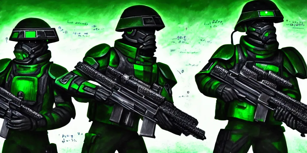 Image similar to A detailed sketch of two guerilla soldiers with green plasma rifles with revolver drums wearing grey armour with dark green stripes and full helmets with dark green visors, night, rain, water drops on the lense, a complicated black spaceship with green lights in the background, realistic 4k octane beautifully detailed render, 4k post-processing, highly detailed, intricate complexity, epic composition, magical atmosphere, cinematic lighting, masterpiece, ultra hd