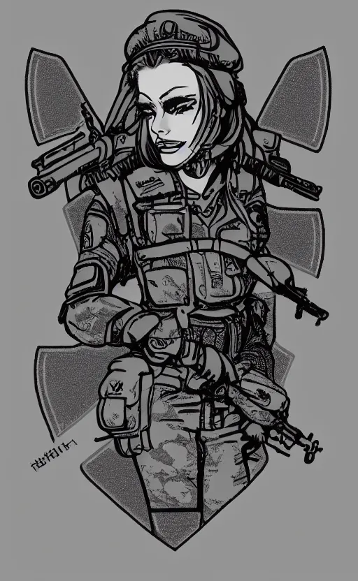 Image similar to patch design, soldier girl, by shibafu, illustration, artstation, insignia, soldier clothing, military gear, vector line art