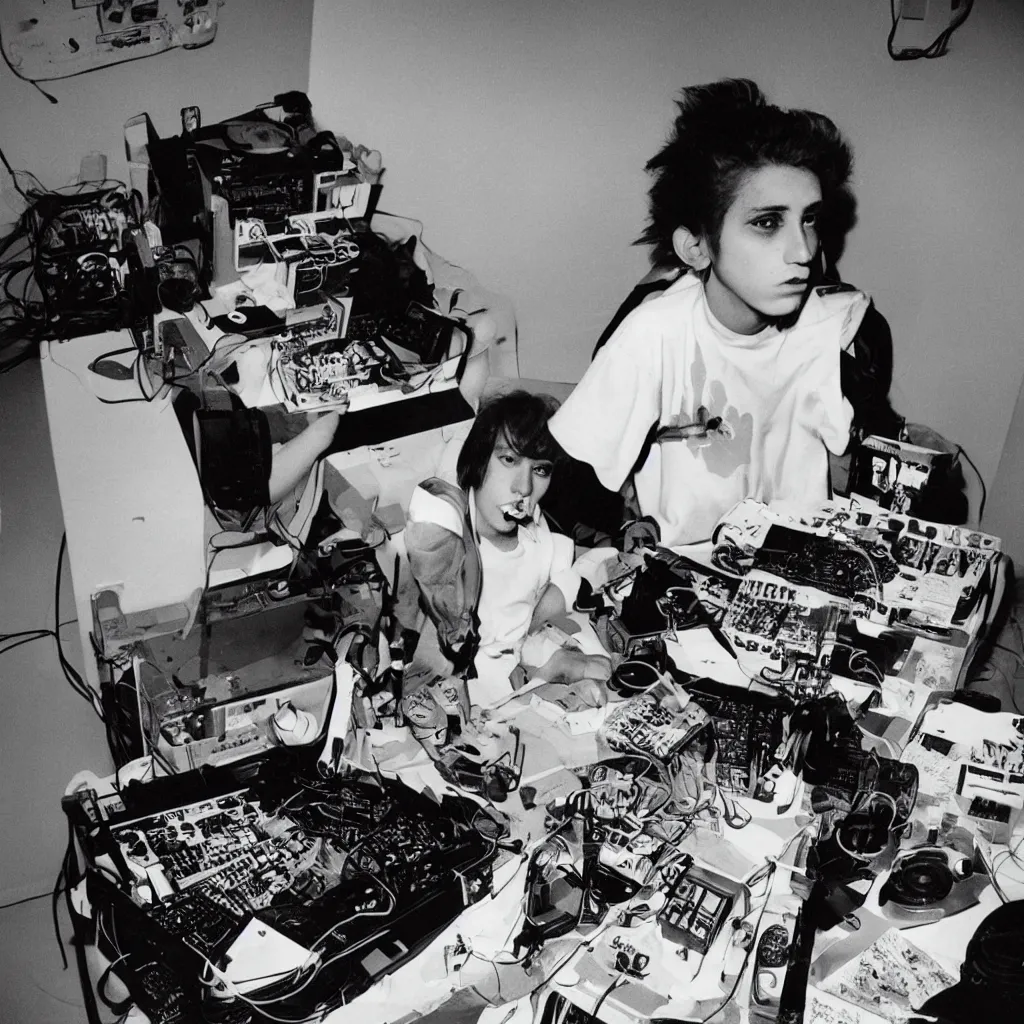 Prompt: a psychobilly teenager from behind working on a amiga 2000 connected to a sony v-5000 camera, 1989, cindy sherman