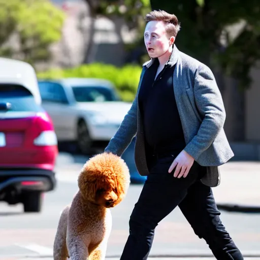 Image similar to a photo of elon musk walking on the street with his big mutant poodle, f 2. 8, 1 0 0 mm lens