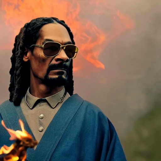 Image similar to cinematic film still of Snoop Dogg starring as a Samurai holding fire, Japanese CGI, VFX, 2022, 40mm lens, shallow depth of field, film photography