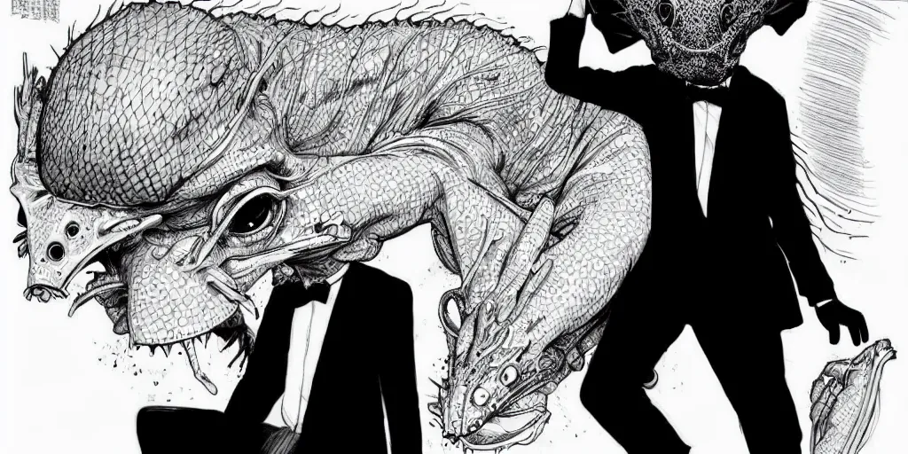 Prompt: a man in a black suit wearing an axolotl mask. ultrafine hyperdetailed illustration by kim jung gi