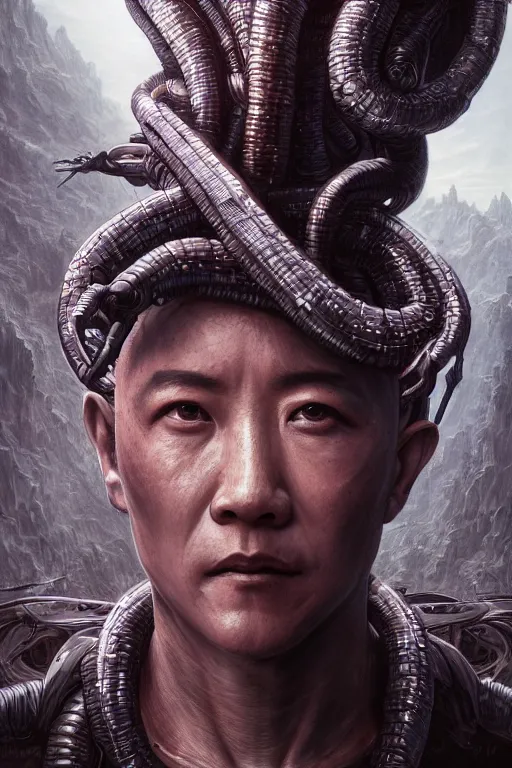 Image similar to realistic portrait beautiful detailed matte painting of cinematic movie scene jet li mutate into cyborg snake. horror, created by gustave dore and greg rutkowski, high detailed, smooth draw, synthwave neon retro, intricate, realistic proportions, dramatic lighting, trending on artstation.
