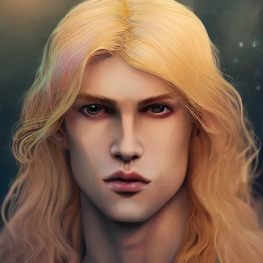 Image similar to Portrait of an androgynous blond prince in a beautiful world, pale milky white skin and long fluffy curly blond hair, intricate, elegant, fantasy, highly detailed, digital painting, concept art, Junji Ito, sharp focus, illustration, beautiful volumetric lighting, epic light, artstation, magic hour lighting, colorful, sunshine, springtime, art by Sylvain Sarrailh