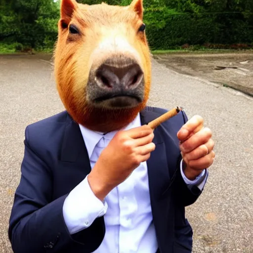 Image similar to smoking cigar, a man wearing a suit capybara head (smoking cigar)