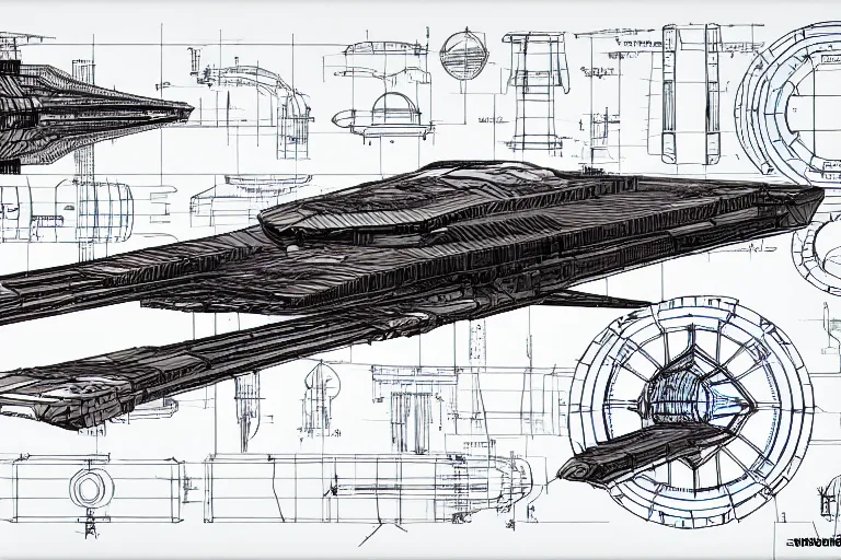 Image similar to Futuristic Neo Solar punk Space ship schematics, Leonardo DaVinci , Line art, Technical drawing, Spaceship parts manufacturing blueprints.