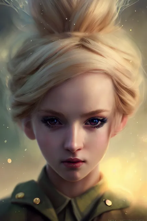 Image similar to cinematic shot of an epic portrait of a cute blonde fairy dressed in military clothes, stylised military clothes, shiny skin, beautiful eyes, beautiful, small details, night setting, realistic poster with volumetric light from craig mallism, artgerm, jeremy lipkin and michael garmash, unreal engine, radiant light, digital art, trends at art station, a masterpiece