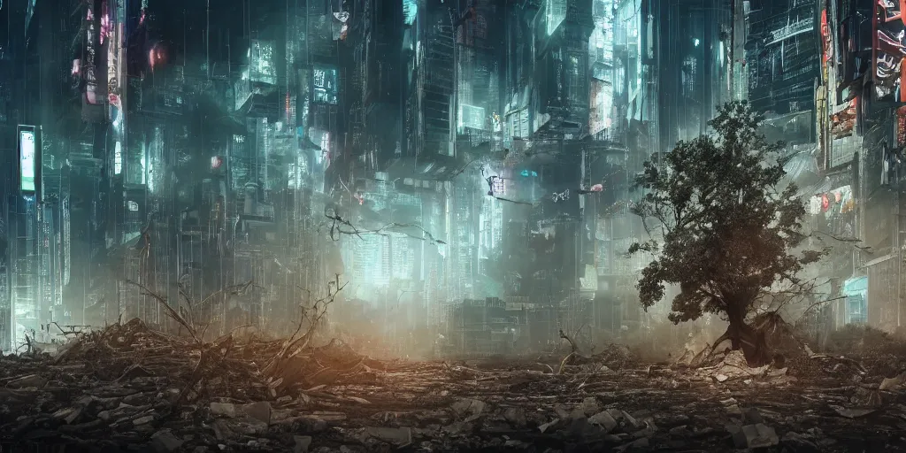 Image similar to a terrifying tree destroying a dystopian city, cyberpunk, sharp focus, dynamic lights, still, photograph, hyper realistic, masterpiece, octane render, rendered, 3 d, cinematic, cinematic lighting, dramatic lighting, highly detailed, intricate details, texture, cinematic composition, wide shot, by donglu yu and kevin jick and eddie del rio