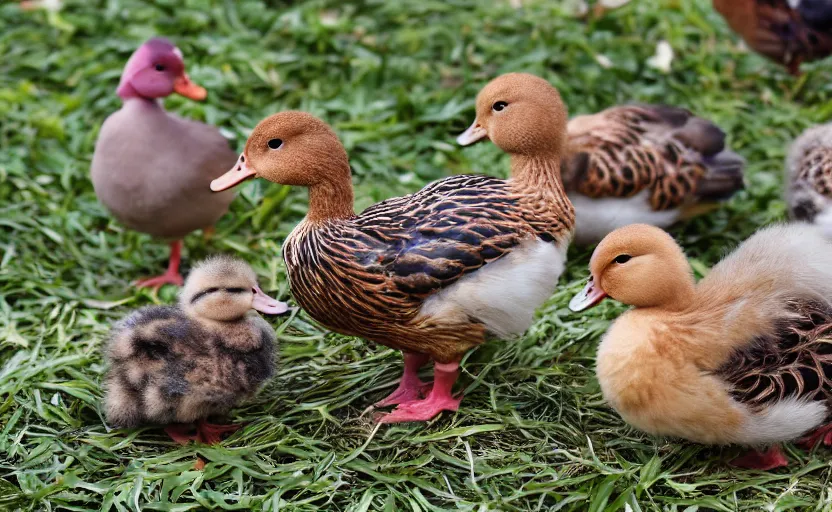 Prompt: a crossbreed of chicken and a duck, with chicks, photo