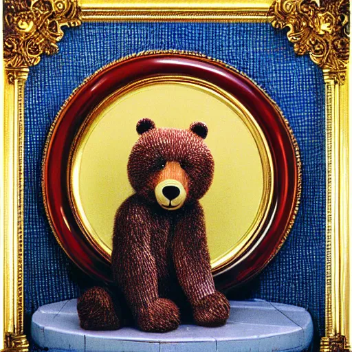 Image similar to a photo in a circular ornate golden frame, of a brown and red college mascot bear wearing blue jeans sitting on the bleachers inside the gym,