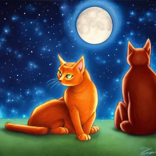 Prompt: Firestar and Ravenpaw sitting next to each other looking into the Moon, Warrior cats, Back side view, Erin Hunter, illustration of 2 cats, trending on artstation, beautiful Paintings