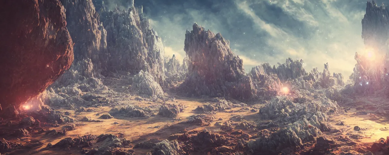 Image similar to ” otherwordly landscape with rystal formations and shiny gemstones, [ by wlop, colourful, cinematic, detailed, epic, widescreen, opening, establishing, mattepainting, photorealistic, realistic textures, octane render ] ”