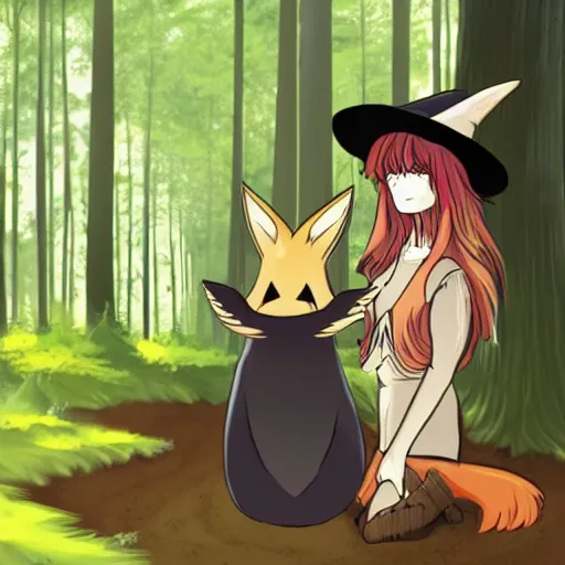 Prompt: a young witch with a wide brim witch hat in a forest clearing summoning a glowing magic fennec fox, anime style