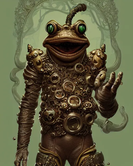 Image similar to a slimy anthropomorphic toad king wearing ornate steampunk armor, smooth, intricate, elegant, digital painting, artstation, steam, grungy steel, concept art, sharp focus, octane render, illustration, art by josan gonzalez,