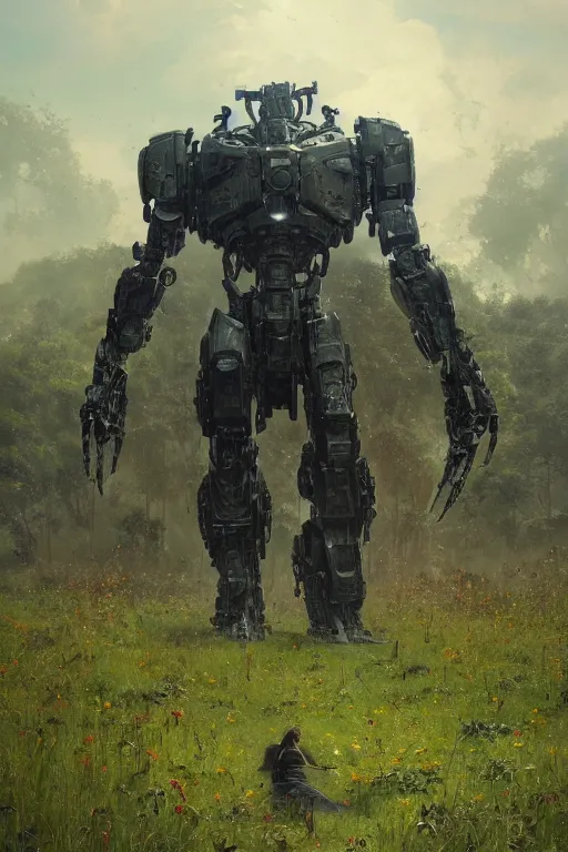 Image similar to a portrait of a giant robot laying broken in the meadow covered in plants by greg rutkowski, sung choi, mitchell mohrhauser, maciej kuciara, johnson ting, maxim verehin, peter konig, bloodborne, 8 k photorealistic, cinematic lighting, hd, high details, dramatic, dark atmosphere, trending on artstation