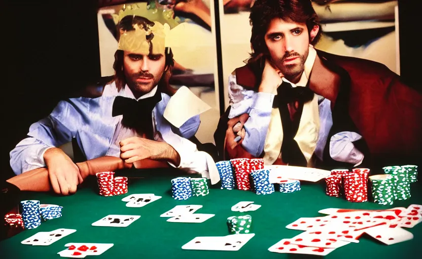 Prompt: color photo of a photomodel handsome man playing poker. las vegas. 8 0's style