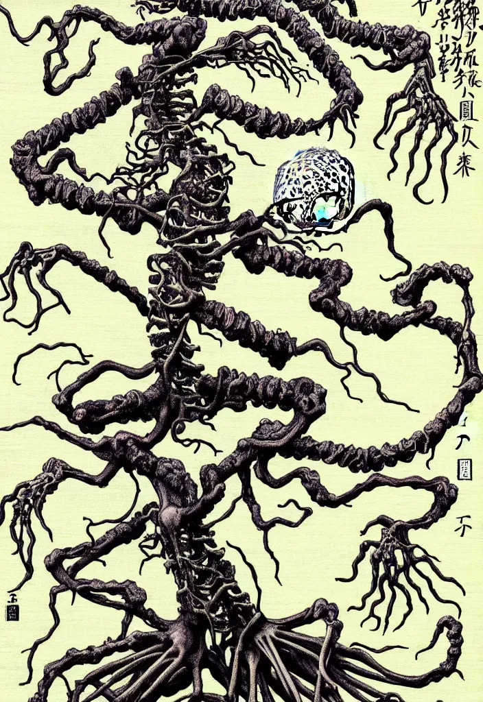 Image similar to prompt: anatomy dissection drawing skeleton Bonsai tree squid creature roots merging into big moon drawn by Takato Yamamoto, bonsai skeleton anatomy atlas, veins and organs attached to tree roots, alchemical objects inspired by 1980's sci-ci, old experimentation cabinet, intricate oil painting detail, manga 1980