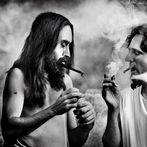 Image similar to jesus and satan smoking a bong together, award winning candid photography, cinematic