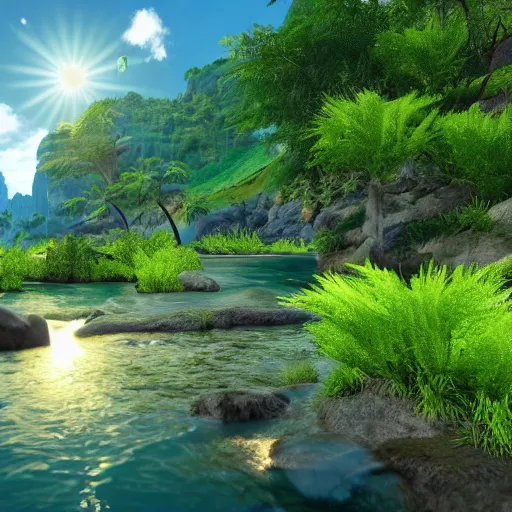 Image similar to paradise on earth with nice trees, rivers, mountains and sun, unreal engine, photorealistic, ultra - detailed, 4 k high resolution, hdr shot