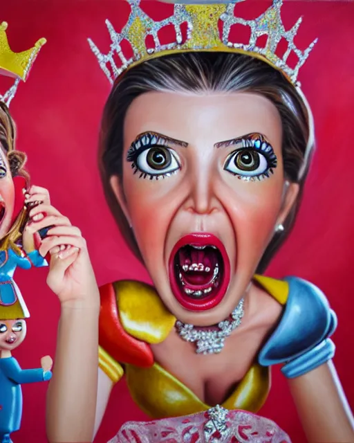 Image similar to closeup profile portrait of a tin toy ivanka trump screaming as a fairytale princess wearing a crown and eating cakes, bikini, hyper realistic, artstation, illustration, nicoletta ceccoli, mark ryden, lostfish, max fleischer, digital paint, matte paint, vivid colors, bright, cheerful, detailed and intricate environment