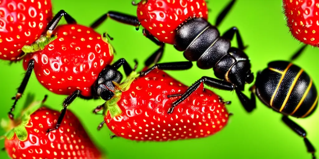 Image similar to macro photorealism, little scarry insects living on strawberry