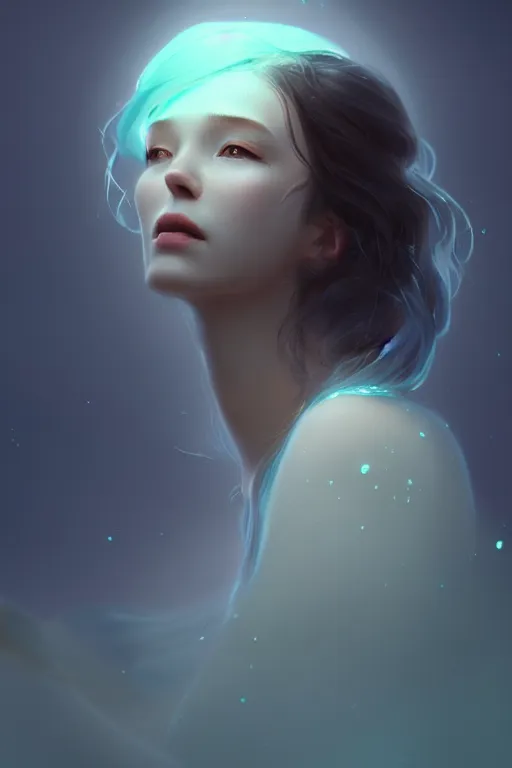 Image similar to Bioluminescent, Her breath shot a haze of steam out into the frosty morning air concept, soft light, soft mood, realistic body features and face, illustration, painting oil on canvas by Elena Zhurikhina and Goro Fujita and Charlie Bowater, octane render trending on artstation, 4k, 8k, HD