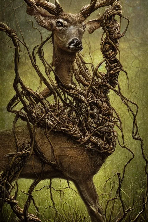 Prompt: deformed swamp deer twisted in vines and sludge by tomasz alen kopera.