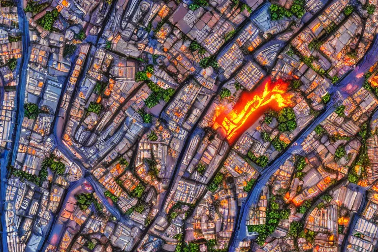 Prompt: steampunk city on fire, aerial view, 4k high res, macro detail, vivid color 120 film