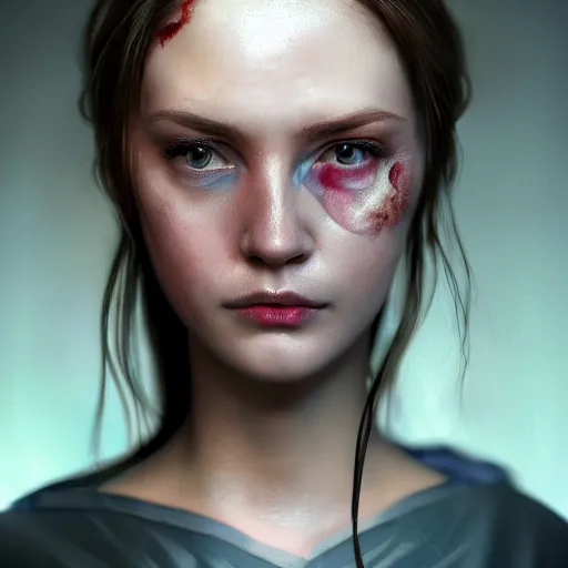 Image similar to I've had a rough day, healthcare worker, nurse, perfect eyes, full body shot, portrait, sad, tired, fantasy, beautiful face, medieval, vivid colors, elegant, concept art, sharp focus, digital art, Hyper-realistic, 4K, Unreal Engine, Highly Detailed, HD, Dramatic Lighting by Brom, trending on Artstation